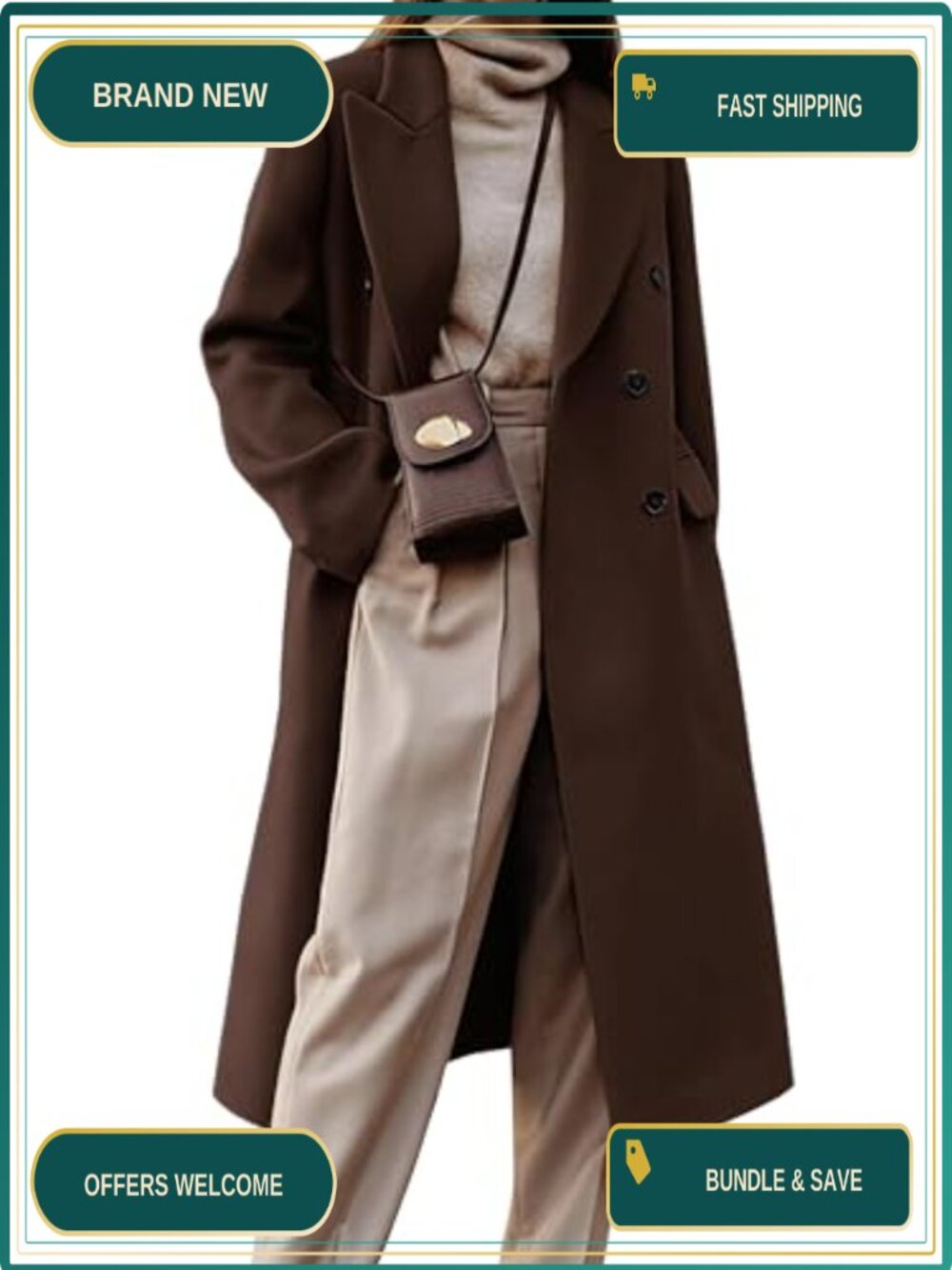 Womens Long Wool Blend Coat Notch Lapel Double Breasted Trench Peacoat Fall